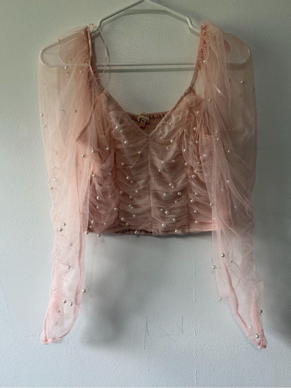 Pearl-Embellished Sheer Pink Crop Top